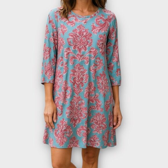 Caribbean Joe Teal Blue & Pink Floral Asymmetric 3/4 Sleeve Dress Size L - Picture 1 of 6